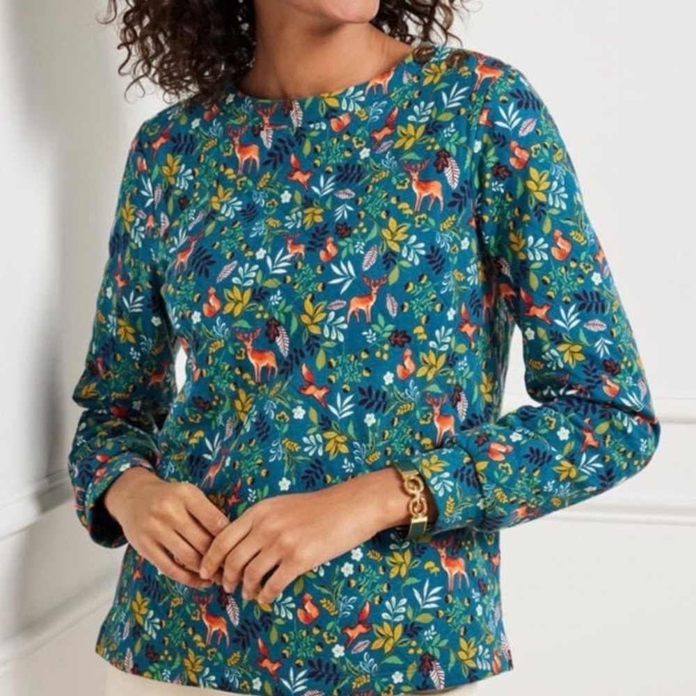 Talbots Woodland Quilted Pullover Forest Deer Fox Fall Autumn Women XL Whimsical